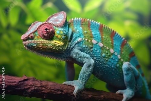 A vibrant chameleon perched on a branch, showcasing its stunning colors