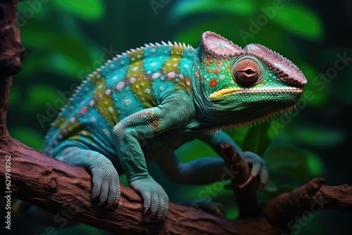 A chameleon perched on a branch in a zoo