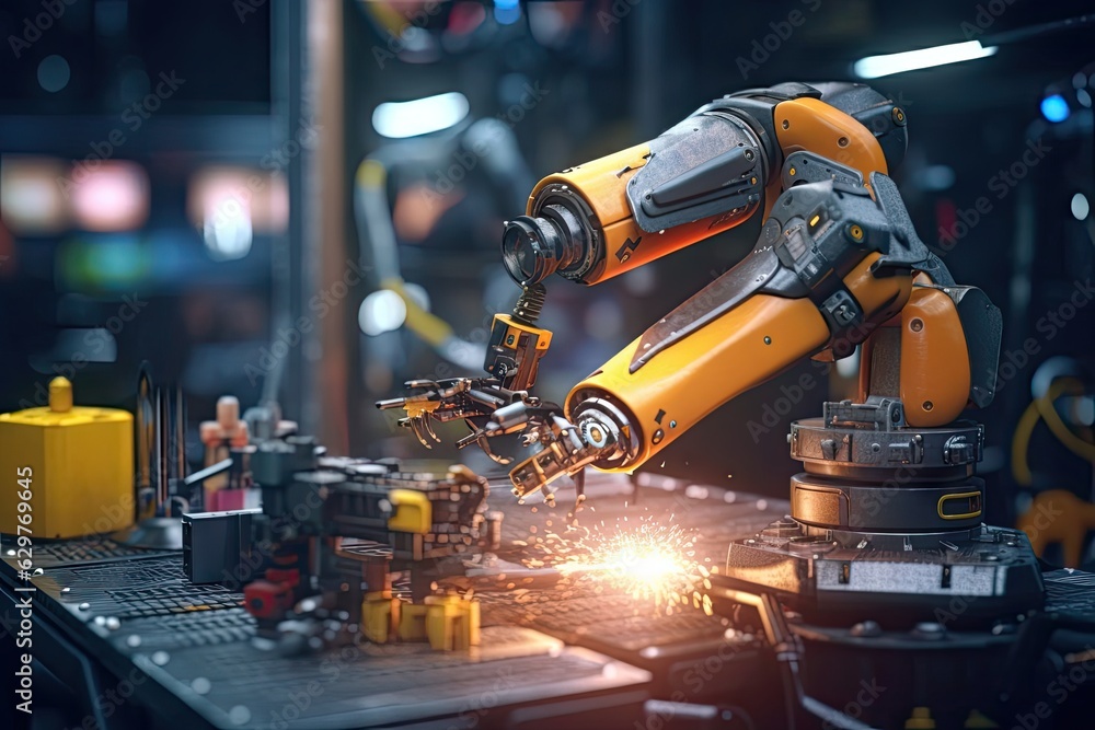 A robot performing precision work on a metal surface A robot performing precision work on a metal surface