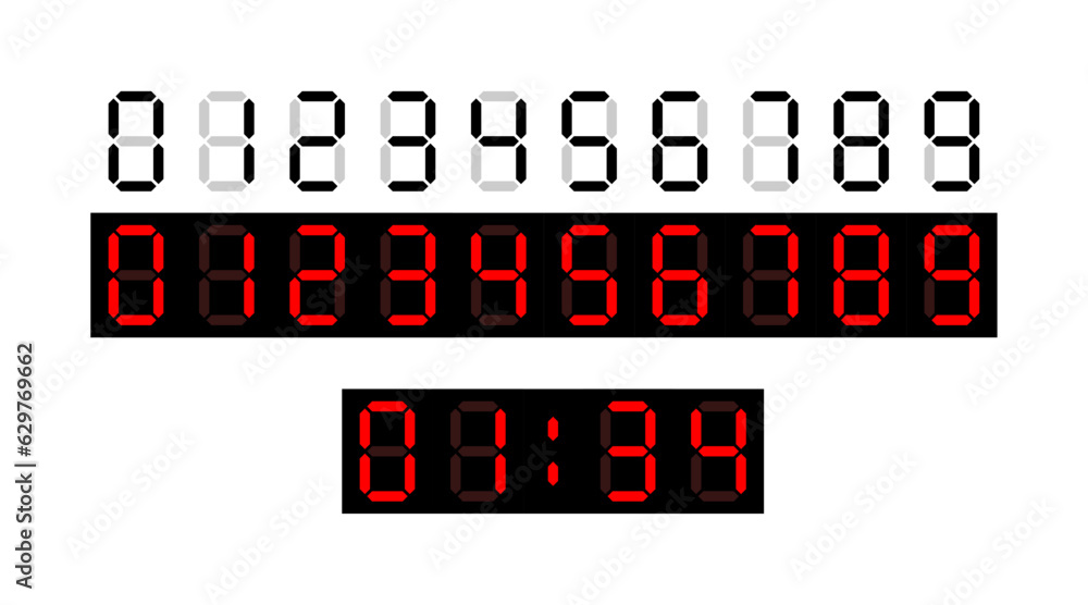 The illustration sets of digital numbers and examples of digital clocks
