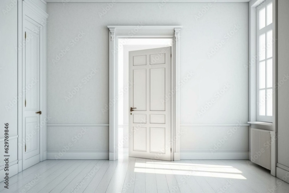 White room with empty wooden door. Generative AI White room with empty wooden door. Generative AI