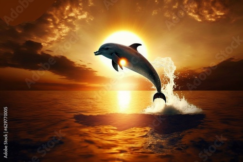 A dolphin leaping out of water in front of the sun. Generative AI