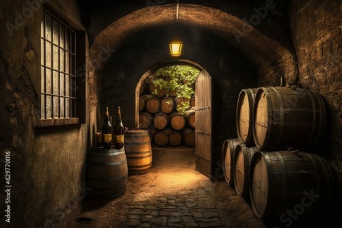 A sunny Italian wine cellar with barrels and bottled whiskey. Generative AI