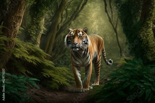 A majestic tiger stands in a dense forest. Generative AI