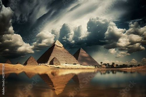 Pyramids along the Nile river under a cloudy sky amidst Egypt s natural beauty. Generative AI