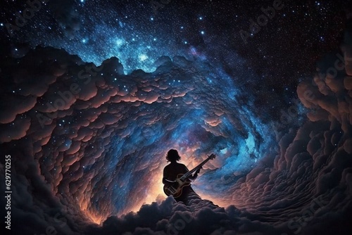 Enthralling night sky: Guitarist glows amidst clouds and stars. Generative AI