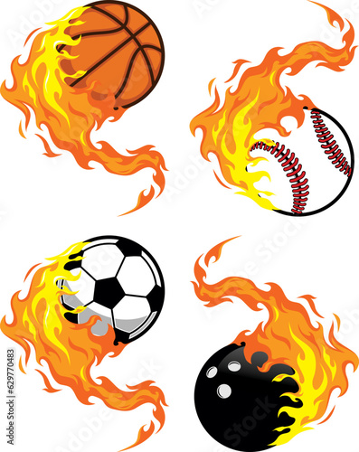 Sports Ball in Fire, Base Ball, Football, Bowling ball, Basket Ball 