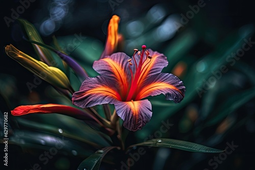 A vibrant purple and orange flower with lush green leaves