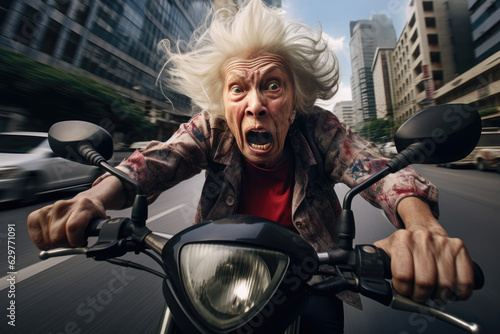 Fearful Elderly Lady on the Motorbike