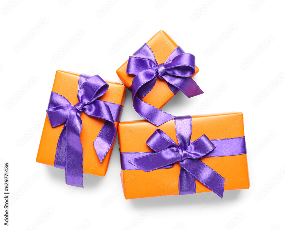 Beautiful gift boxes for Halloween on white background Beautiful gift boxes for Halloween on white background