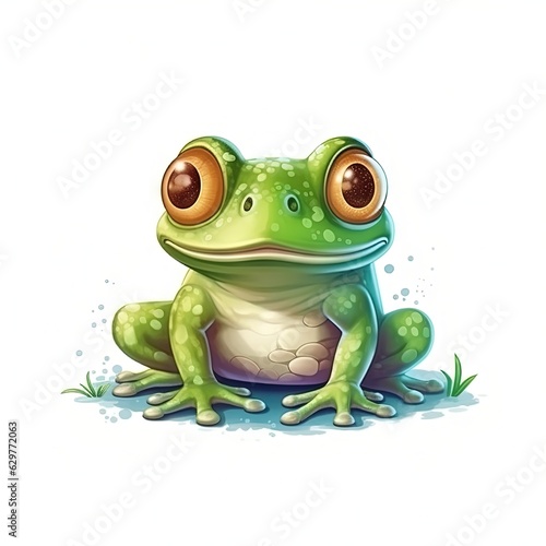 A vibrant frog with large  expressive eyes perched on the forest floor