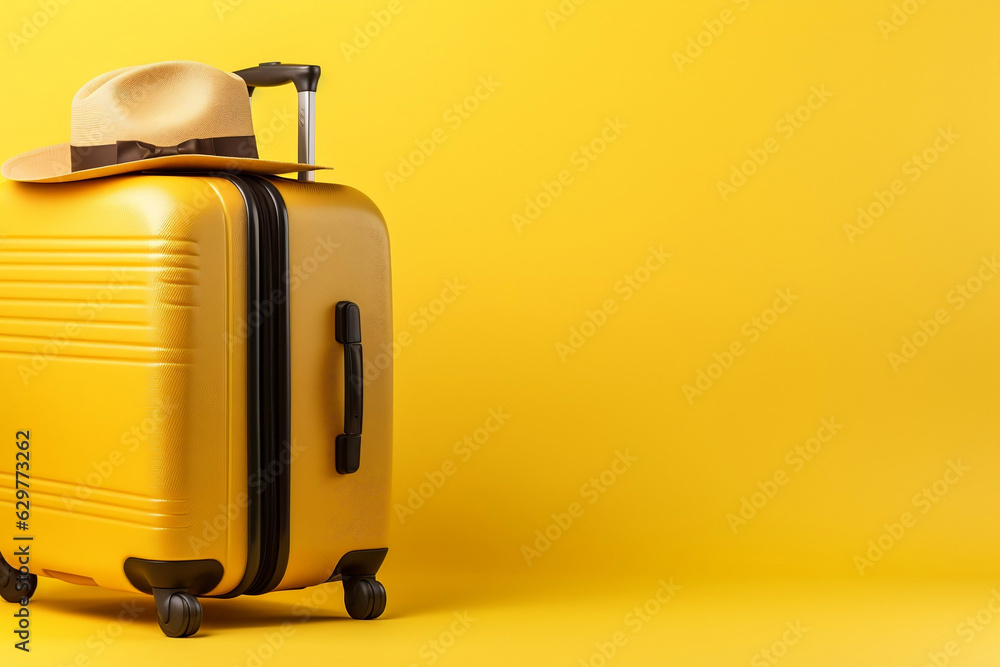 A travel suitcase and hat isolated on a yellow background with space for text