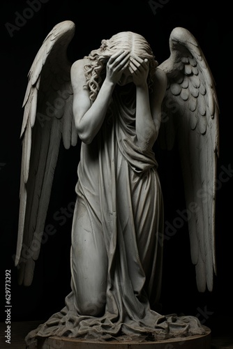 Weeping Angel Stone Statue Isolated on Black Background, Crying Sad Religious Symbol of Grief Sculpture