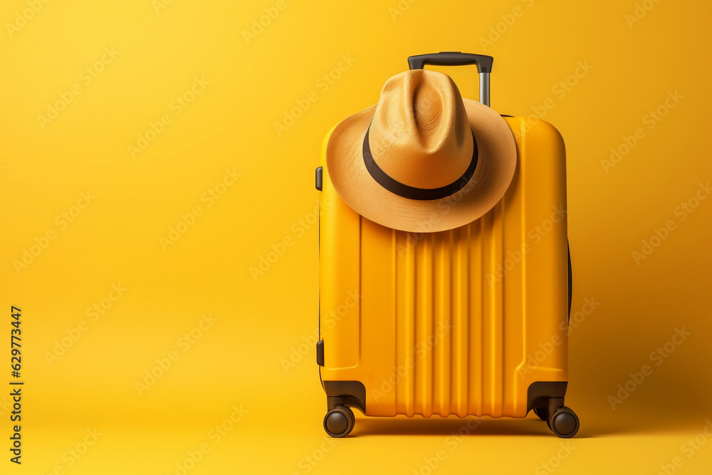 A travel suitcase and hat isolated on a yellow background with space for text