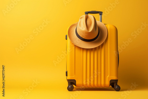 Obraz na płótnie A travel suitcase and hat isolated on a yellow background with space for text w salonie