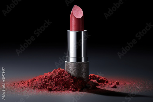 Lipstick on top of red makeup dust epic shot. Beauty concept. Closeup red lipstick on black color. Realistic 3D illustration. Generative AI photo