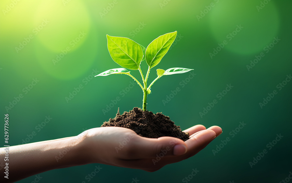 With a plant sapling in hand and a verdant backdrop. Generative AI. With a plant sapling in hand and a verdant backdrop. Generative AI.