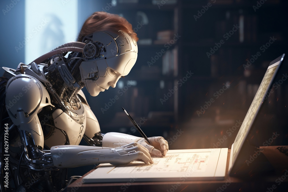 A futuristic female robot writing at a desk