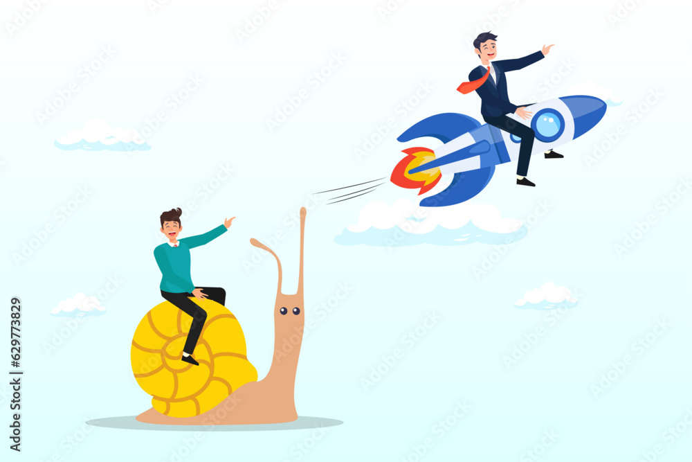 Businessman winner riding rocket, another on slow snail, boost fast speed to win business competition, high performance employee, competitive advantage winner, innovation or skill to success (Vector) Businessman winner riding rocket, another on slow snail, boost fast speed to win business competition, high performance employee, competitive advantage winner, innovation or skill to success (Vector)