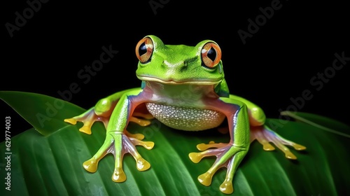 A vibrant green frog perched on a fresh leaf