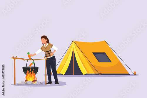 Traveler or explorer on mountain or valley concept. Colored flat vector illustration isolated. 