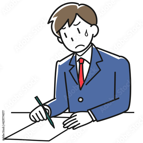 困った表情でテストを受ける男子学生のイラスト