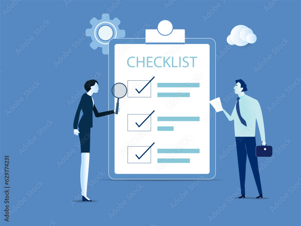 Checklist. Two office workers check the checklist. Vector illustration. Checklist. Two office workers check the checklist. Vector illustration.