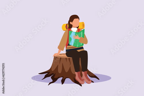 Traveler or explorer on mountain or valley concept. Colored flat vector illustration isolated. 
