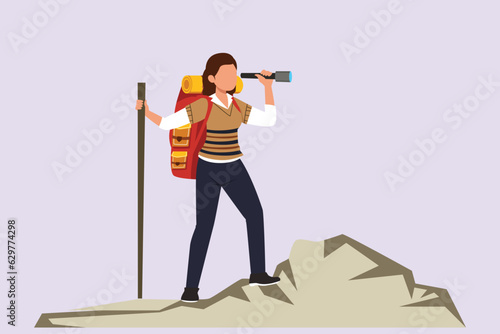 Traveler or explorer on mountain or valley concept. Colored flat vector illustration isolated. 
