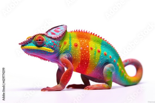A rainbow-colored chameleon on a white surface © pham