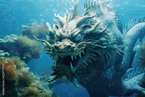 A majestic dragon statue submerged in water