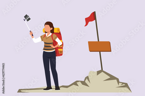 Traveler or explorer on mountain or valley concept. Colored flat vector illustration isolated. 