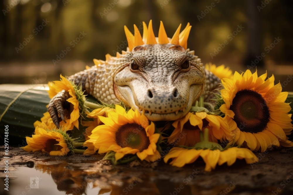 Fototapeta premium A lizard basking on a vibrant bed of sunflowers