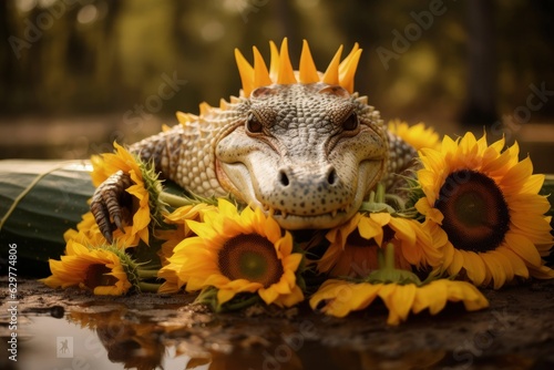 A lizard basking on a vibrant bed of sunflowers