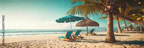 Two beach chairs on a sandy beach © pham