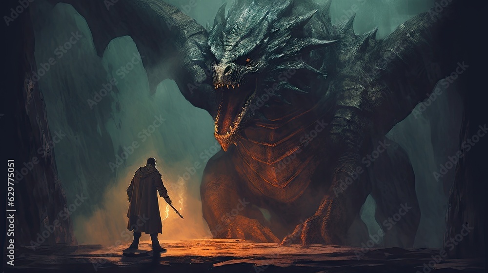Fototapeta premium A man standing next to a giant dragon
