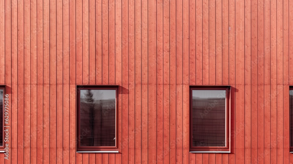 A red building with three windows and a bench in front A red building with three windows and a bench in front