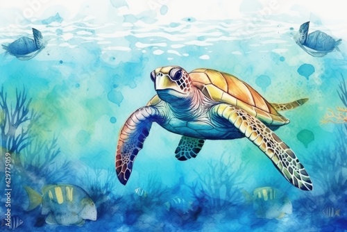 A vibrant underwater scene with a majestic turtle gracefully swimming through the ocean depths