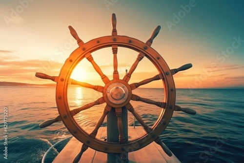 A ship steering wheel in the middle of the ocean