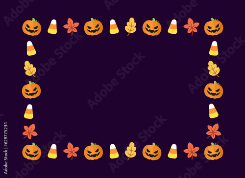 Cute Halloween card template. Rectangle Halloween frame border design with jack o lantern, pumpkins, candy corn. Social media banner post vector illustration.