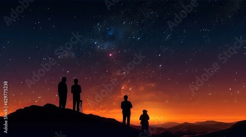 People standing on a mountain under a starry night sky