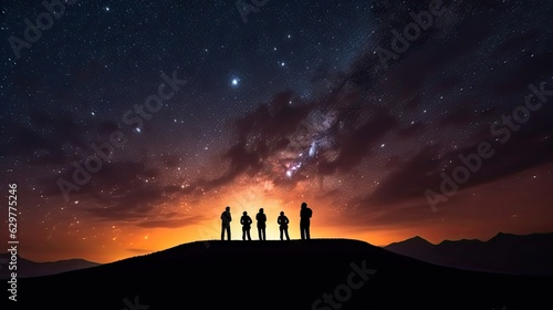 A group of people standing on top of a hill under a starry night sky