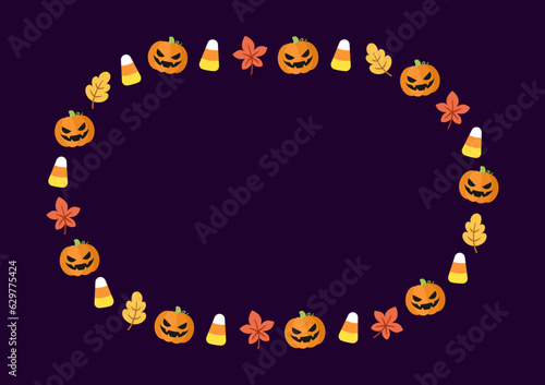 Cute Halloween frame template. Oval Halloween border design with jack o lantern, pumpkins, candy corn. Social media banner vector illustration