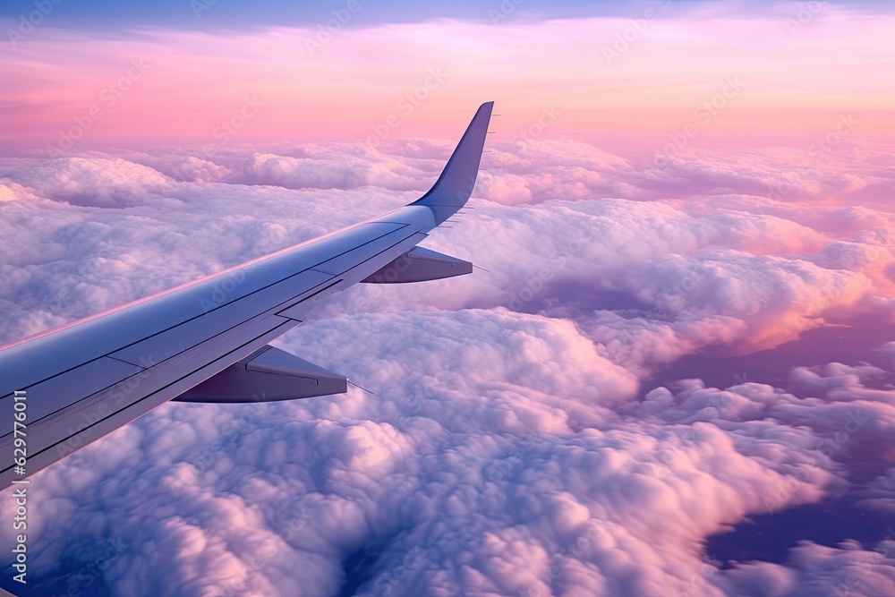 An airplane wing soaring above the clouds An airplane wing soaring above the clouds
