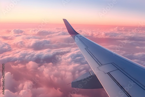 The wing of an airplane soaring above the fluffy clouds