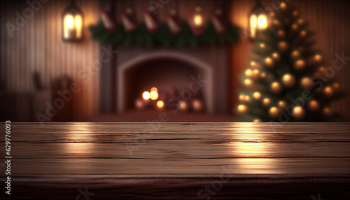 Empty wooden table with christmas theme in background