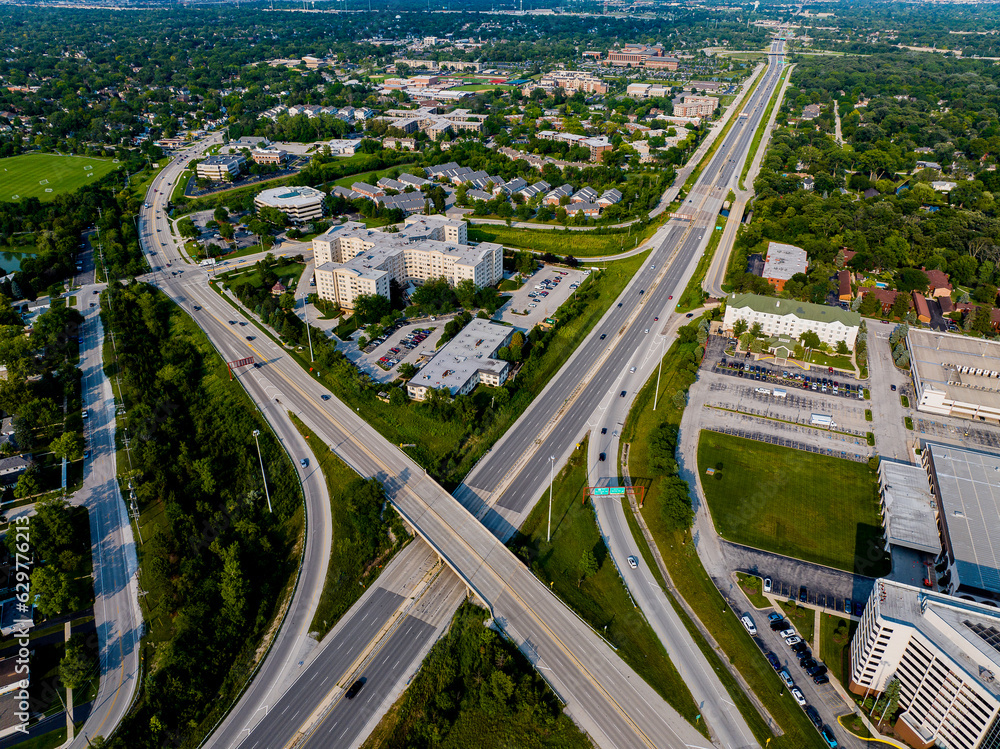 Aerial view of highways in Wheaton, Illinois