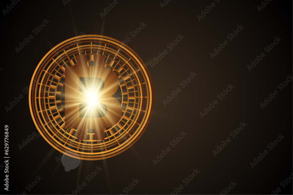 Glowing golden bitcoin currency digital economy and financial bit electronic symbol on dark background