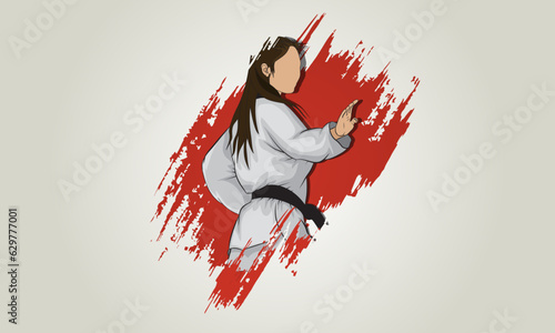 Abstract vector image of a girl in a kimono with a black belt in taekwondo. Illustration.