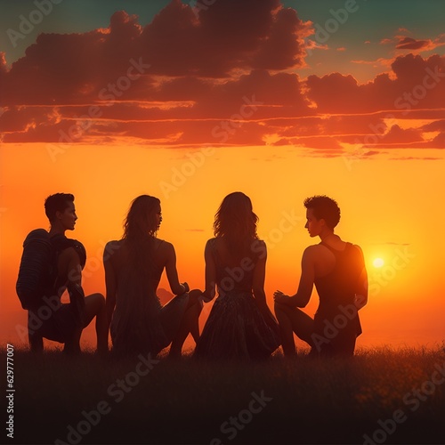 A silhouette of friends against a sunset background